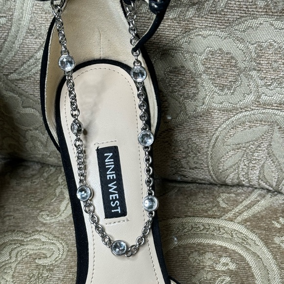 Nine West Black Suede Stiletto with Ankle Strap and Rhinestone Ankle Chain - Picture 4 of 7